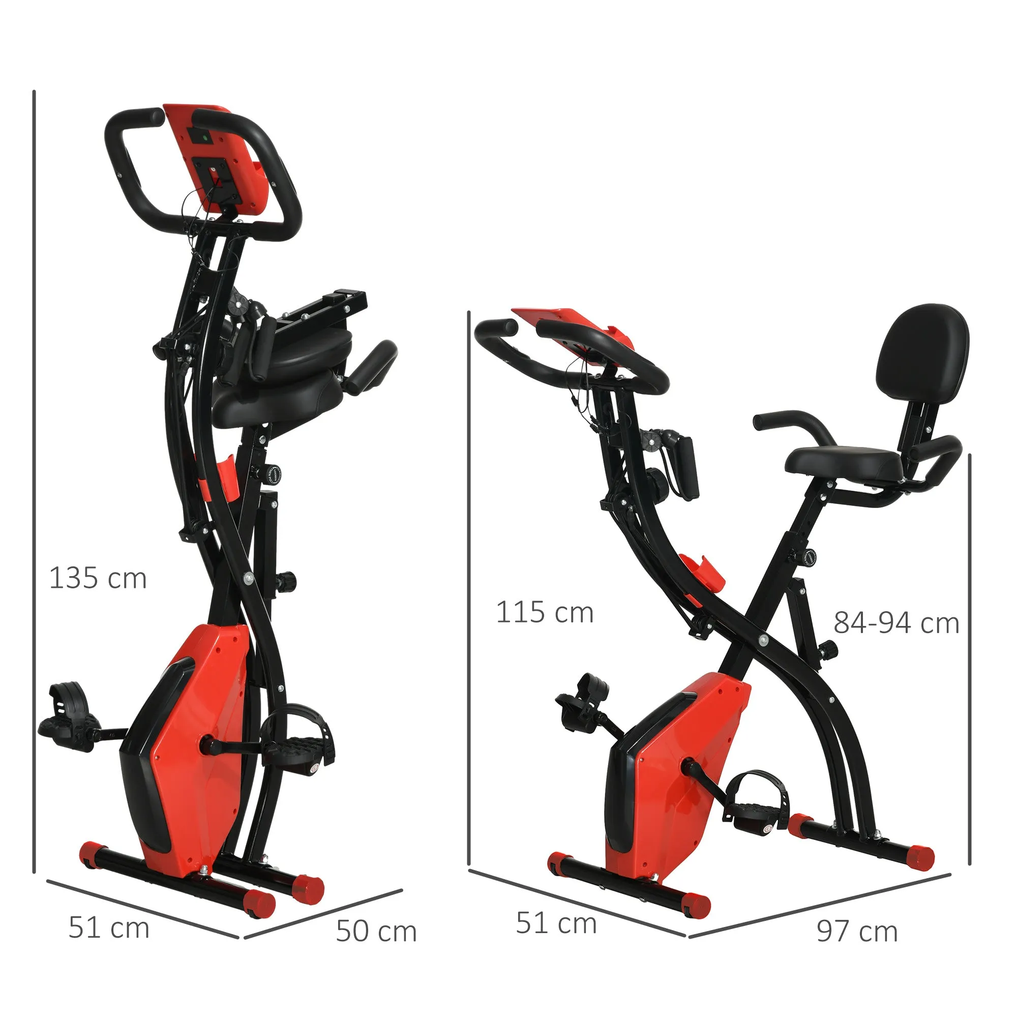 2-In-1 Upright Exercise Recumbent Bike Adjustable Resistance Stationary Fitness Home Gym Foldable w/ Armrests LCD Monitor Cycling Wheels Red