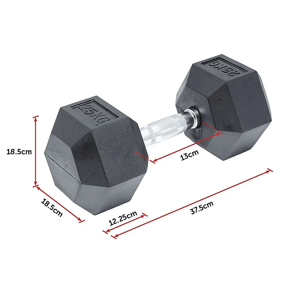 25KG Ergonomic Rubber Hex Dumbbell, Forged Construction