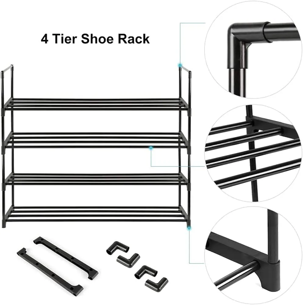 4-Tier Stainless Steel Shoe Rack, Holds 15 Pairs - Black