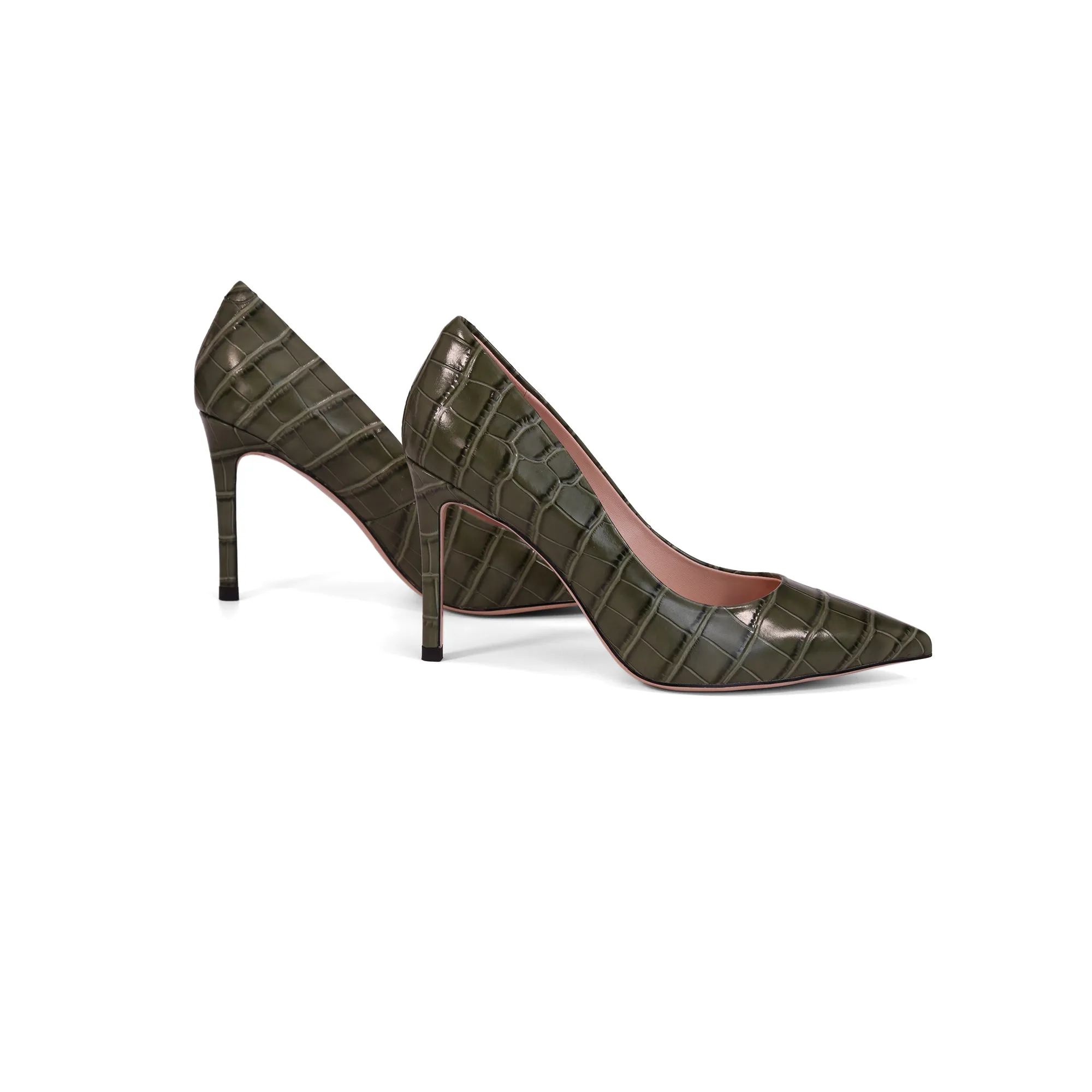 AiciBerllucci Green Crocodile Embossed Leather &heepskin lining-ROMY -Women's Heels Pump Shoes for Women 3.5 inches