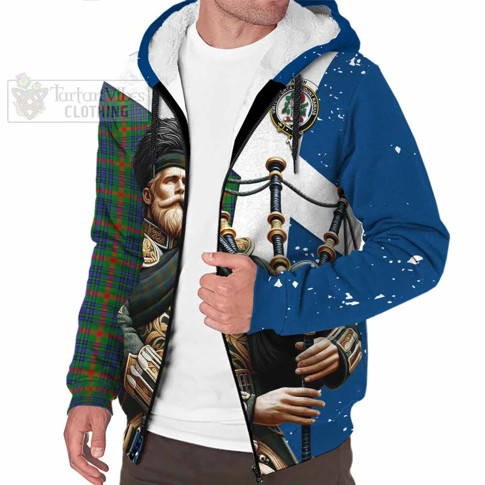 Aiton Tartan Sherpa Hoodie with Family Crest Scottish Bagpiper Vibes