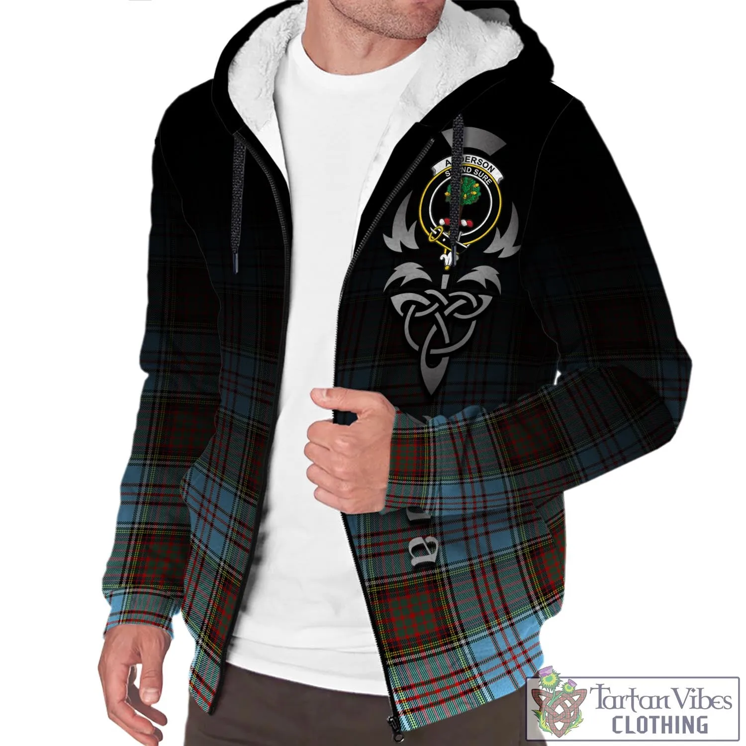 Anderson Ancient Tartan Sherpa Hoodie Featuring Alba Gu Brath Family Crest Celtic Inspired