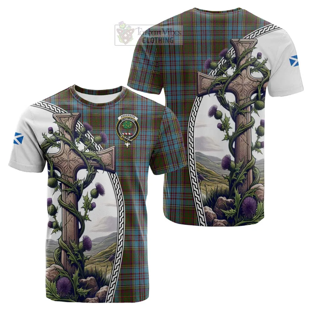 Anderson Tartan Cotton T-shirt with Family Crest and St. Andrew's Cross Accented by Thistle Vines