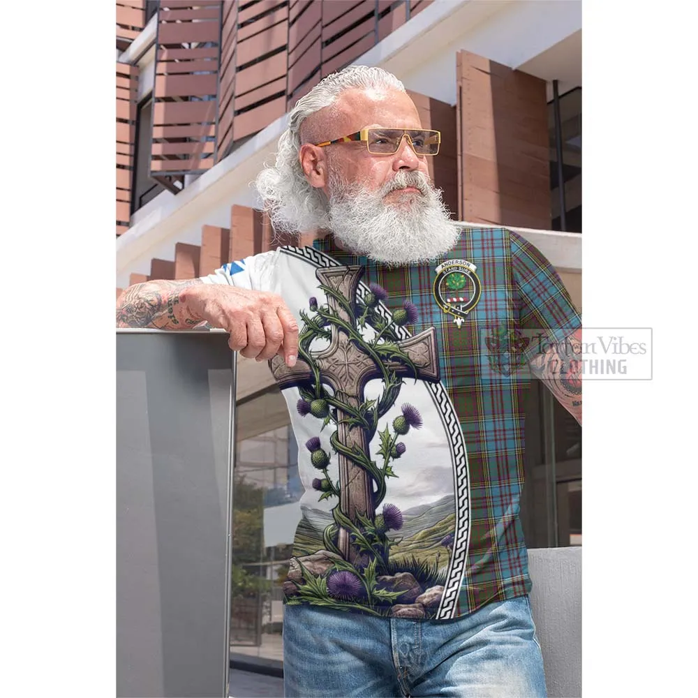 Anderson Tartan Cotton T-shirt with Family Crest and St. Andrew's Cross Accented by Thistle Vines