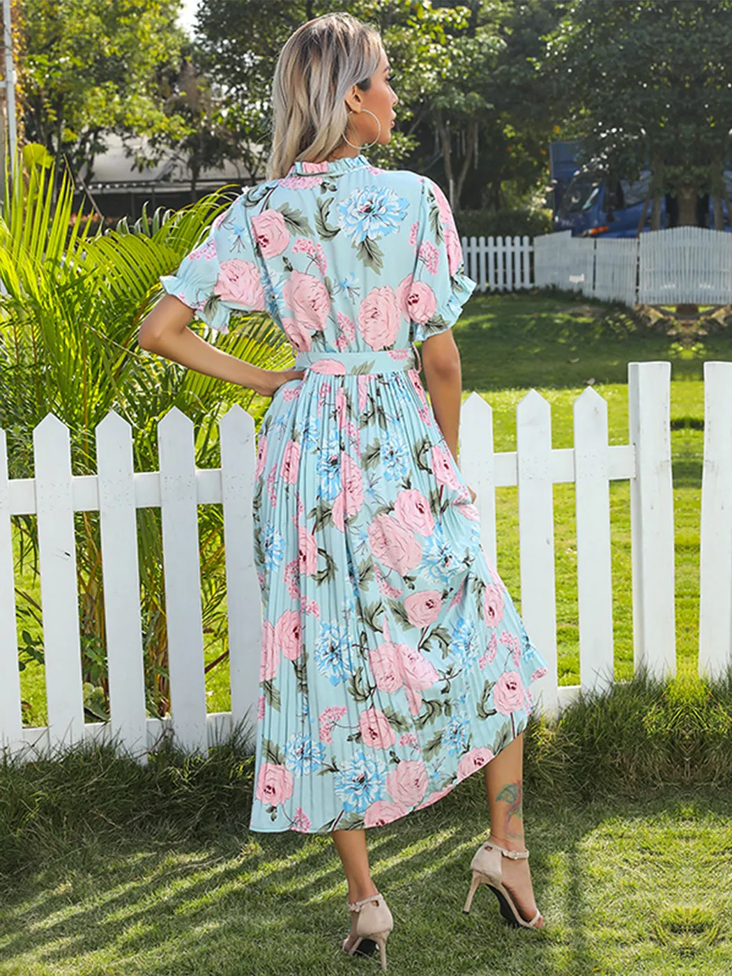 Anna-Kaci Women¡¯s Short Ruffle Sleeve Crew Neck Floral Dress Loose Flowy Boho High Waist Long Maxi Dresses