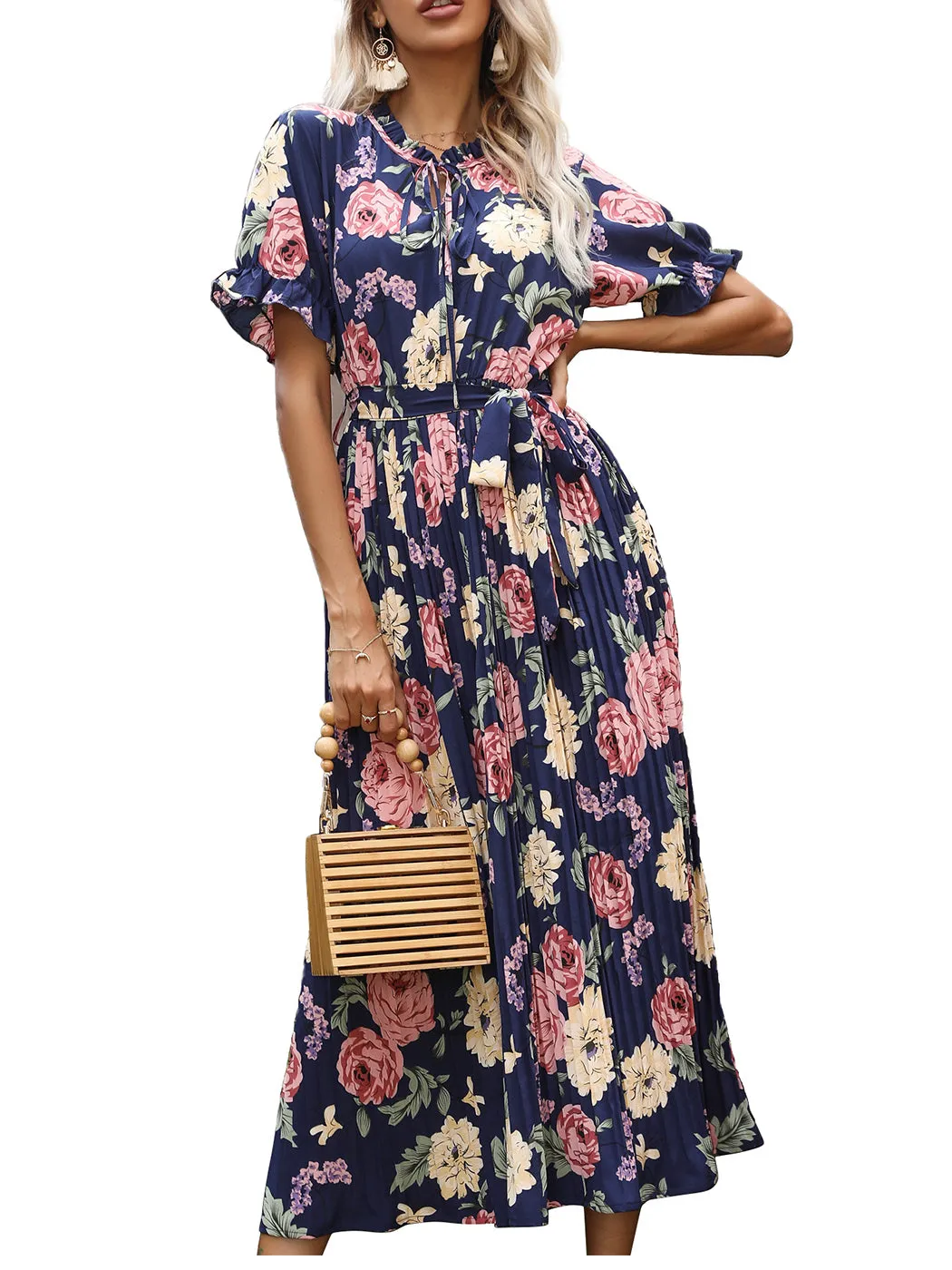 Anna-Kaci Women¡¯s Short Ruffle Sleeve Crew Neck Floral Dress Loose Flowy Boho High Waist Long Maxi Dresses