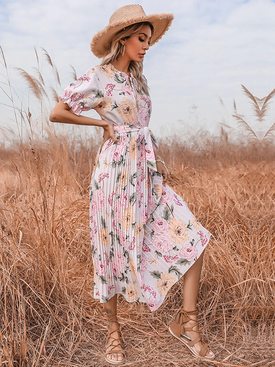 Anna-Kaci Women¡¯s Short Ruffle Sleeve Crew Neck Floral Dress Loose Flowy Boho High Waist Long Maxi Dresses