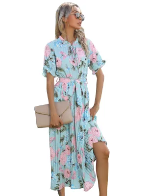 Anna-Kaci Women¡¯s Short Ruffle Sleeve Crew Neck Floral Dress Loose Flowy Boho High Waist Long Maxi Dresses