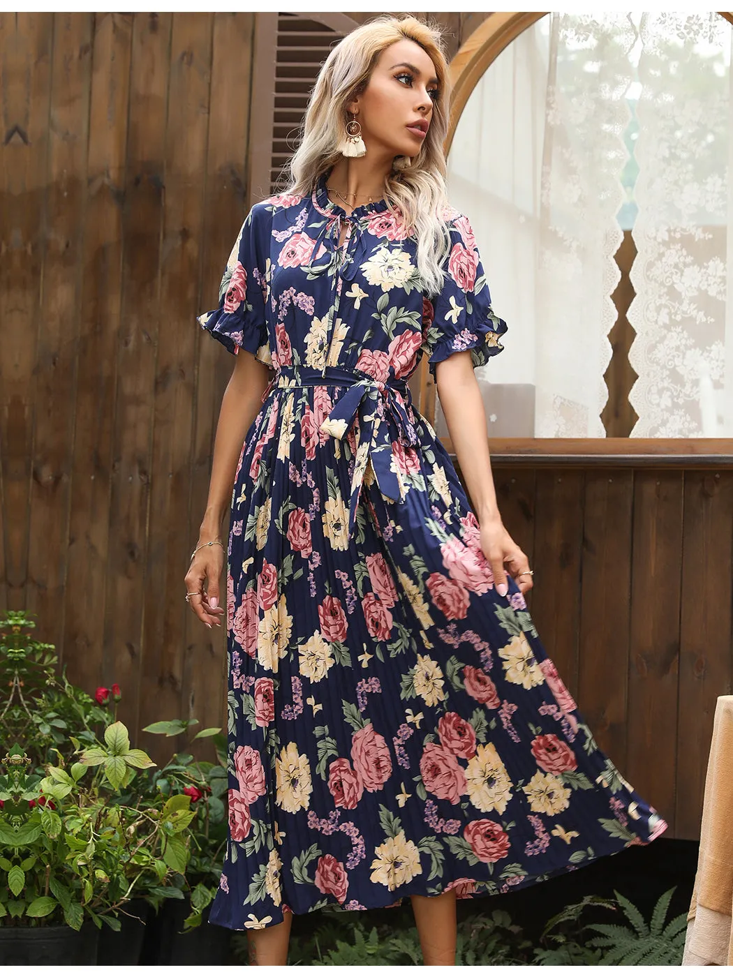 Anna-Kaci Women¡¯s Short Ruffle Sleeve Crew Neck Floral Dress Loose Flowy Boho High Waist Long Maxi Dresses