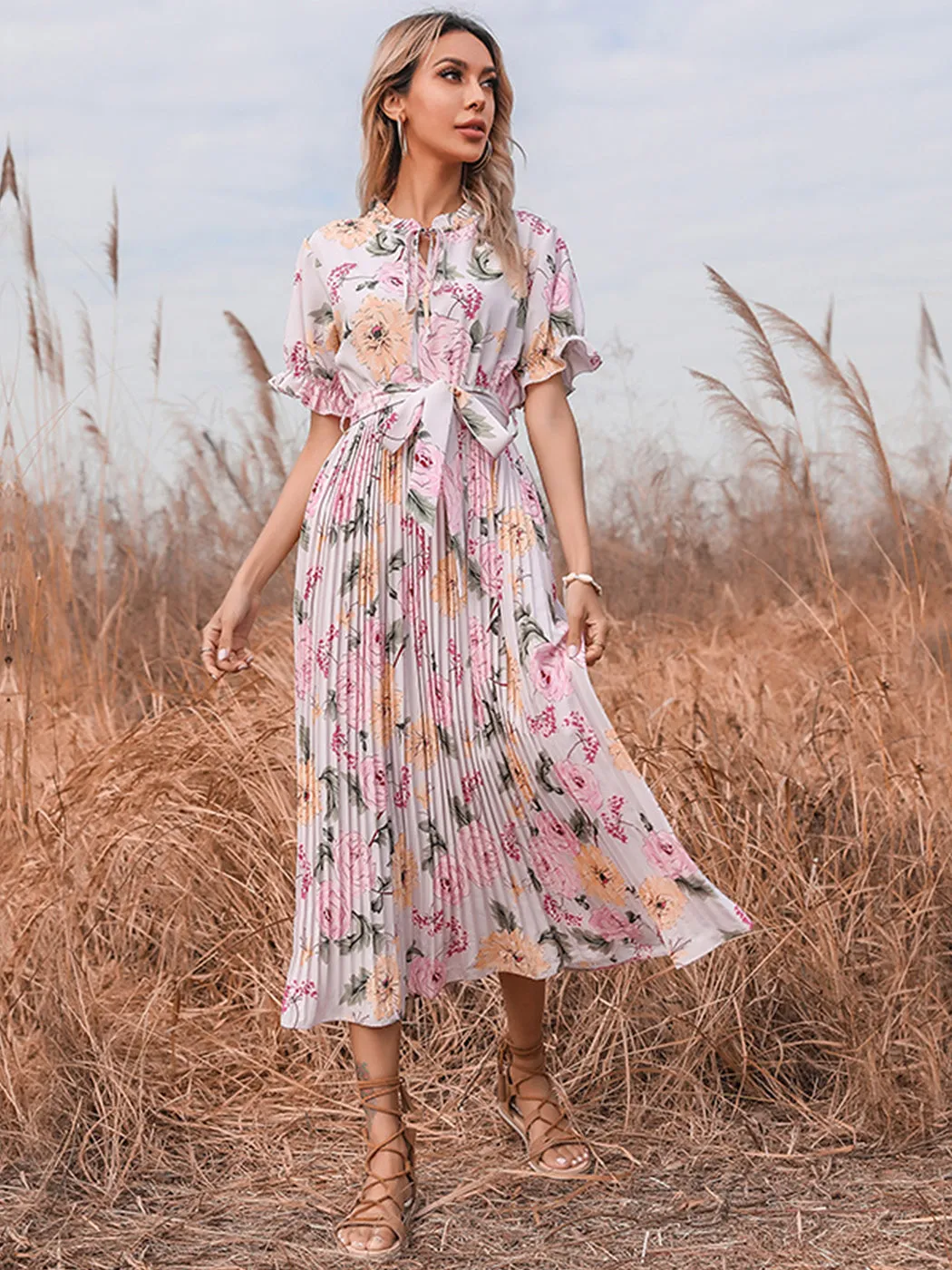 Anna-Kaci Women¡¯s Short Ruffle Sleeve Crew Neck Floral Dress Loose Flowy Boho High Waist Long Maxi Dresses