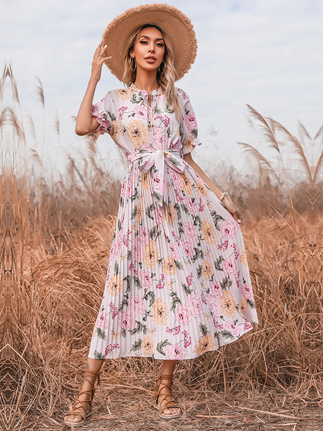 Anna-Kaci Women¡¯s Short Ruffle Sleeve Crew Neck Floral Dress Loose Flowy Boho High Waist Long Maxi Dresses