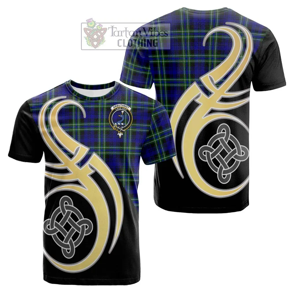 Arbuthnot Modern Tartan Cotton T-shirt with Family Crest and Celtic Symbol Style