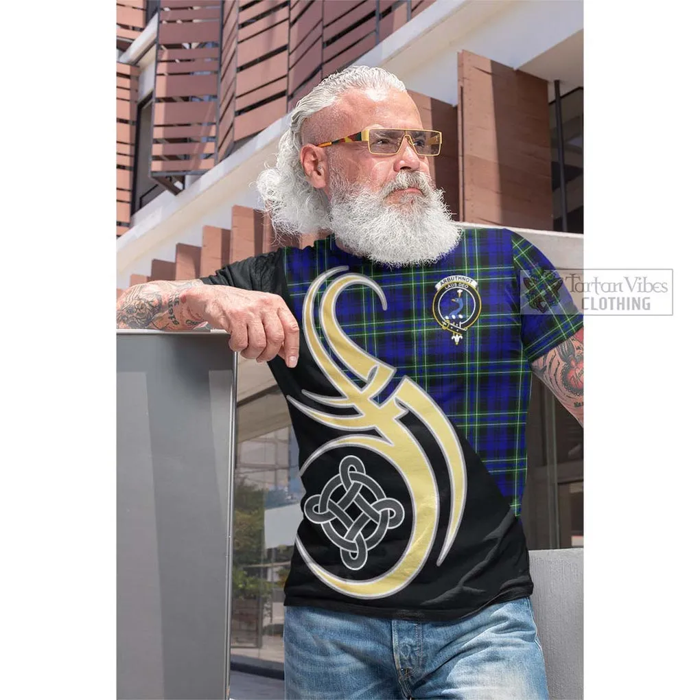 Arbuthnot Modern Tartan Cotton T-shirt with Family Crest and Celtic Symbol Style