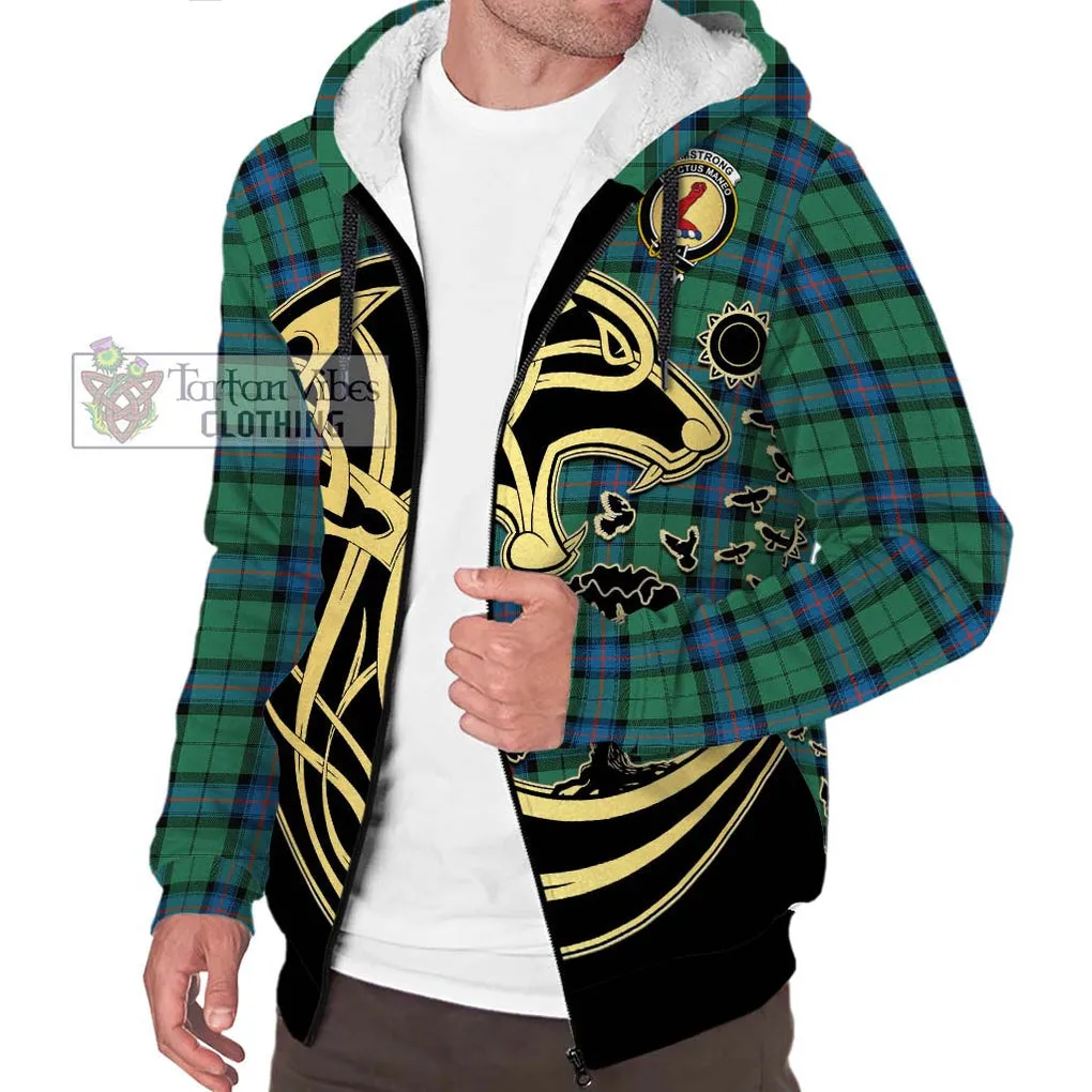 Armstrong Ancient Tartan Sherpa Hoodie with Family Crest Celtic Wolf Style