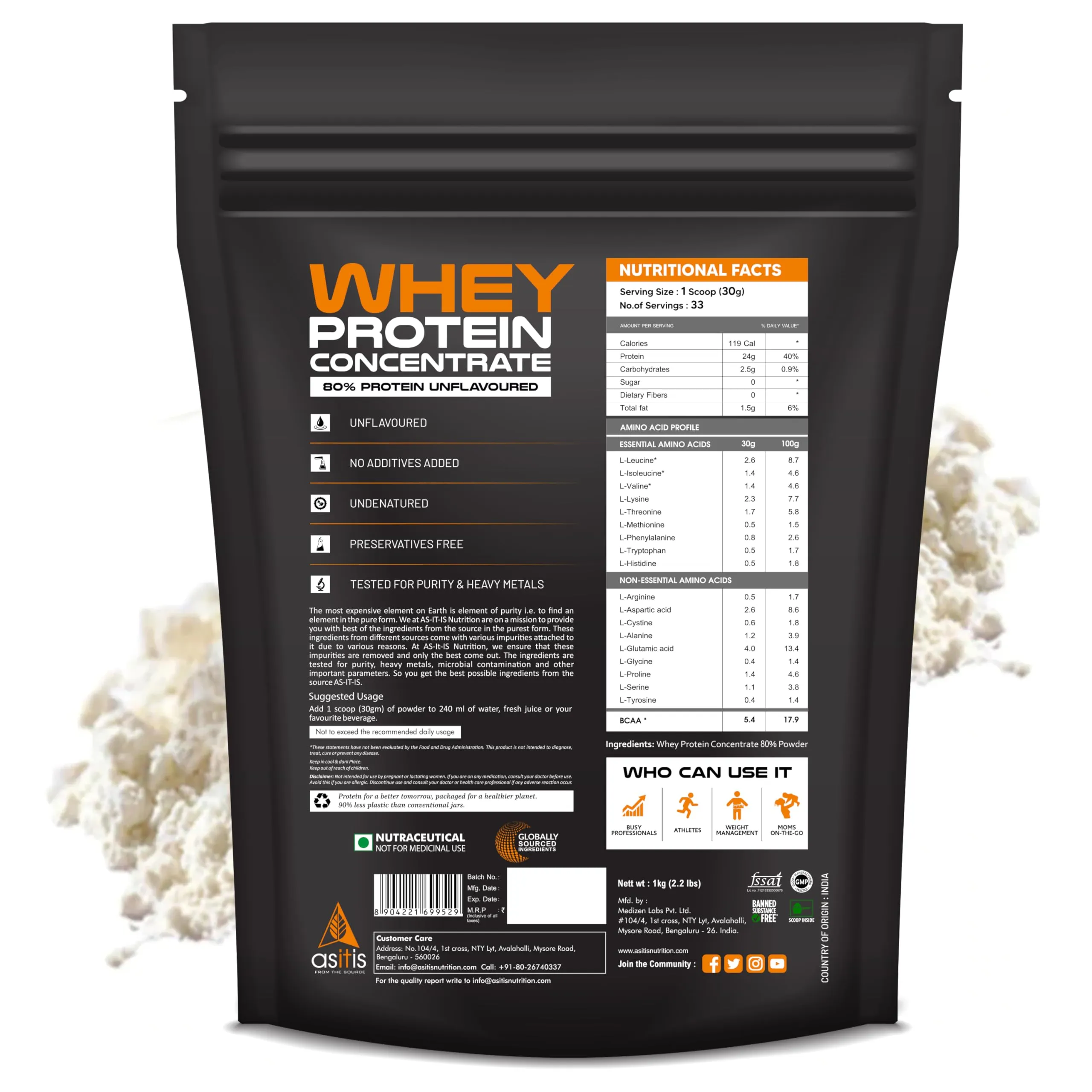 AS-IT-IS Nutrition Whey Protein Concentrate 80% - 1kg | Unflavoured | tested for purity | Labdoor certified