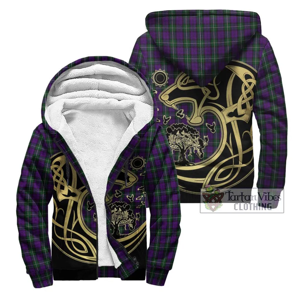 Baillie Highland Society Tartan Sherpa Hoodie with Family Crest Celtic Wolf Style