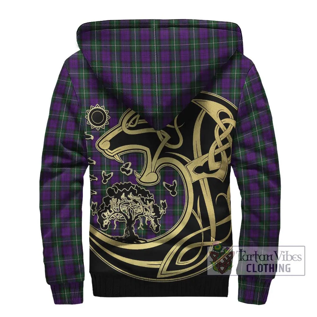 Baillie Highland Society Tartan Sherpa Hoodie with Family Crest Celtic Wolf Style