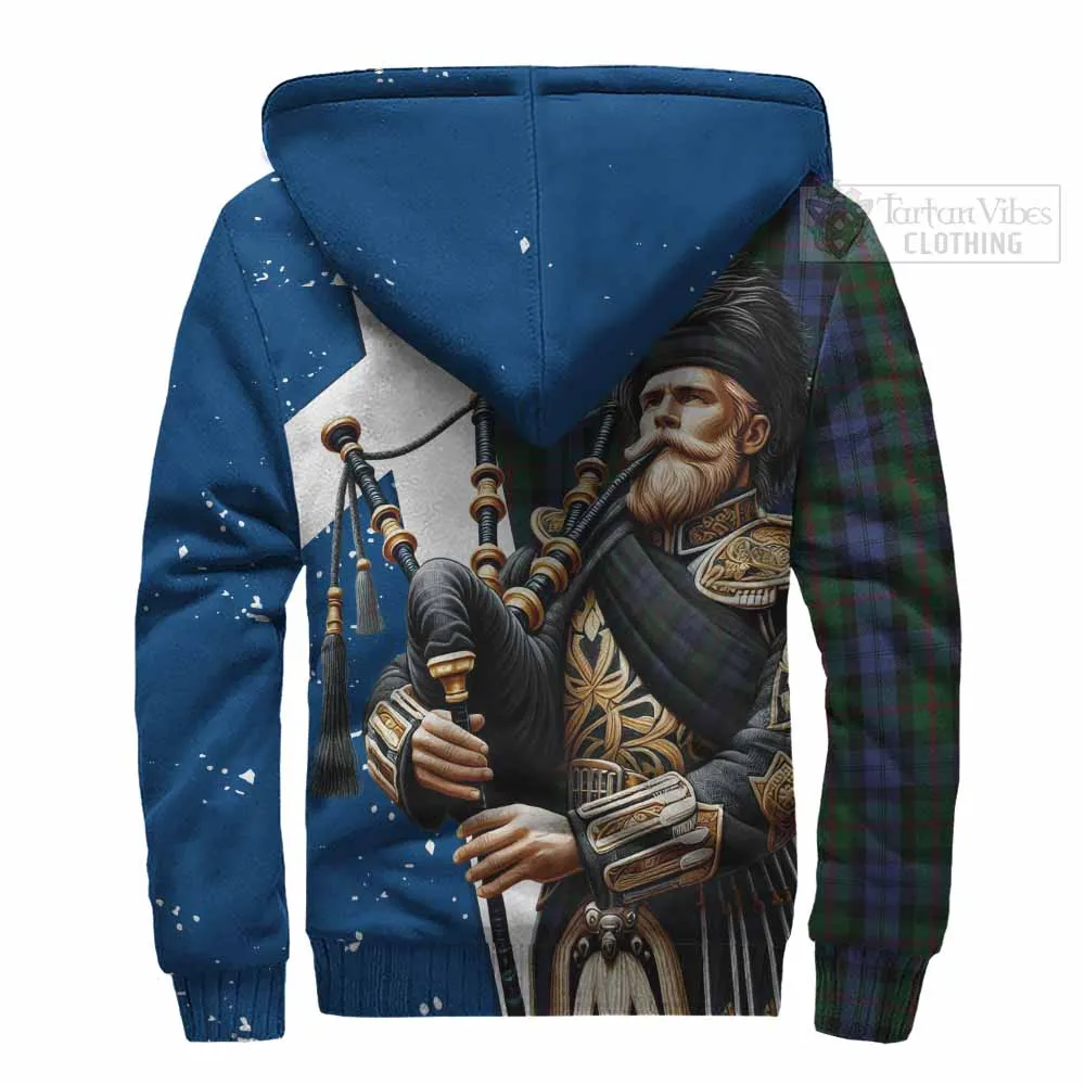 Baird Tartan Sherpa Hoodie with Family Crest Scottish Bagpiper Vibes