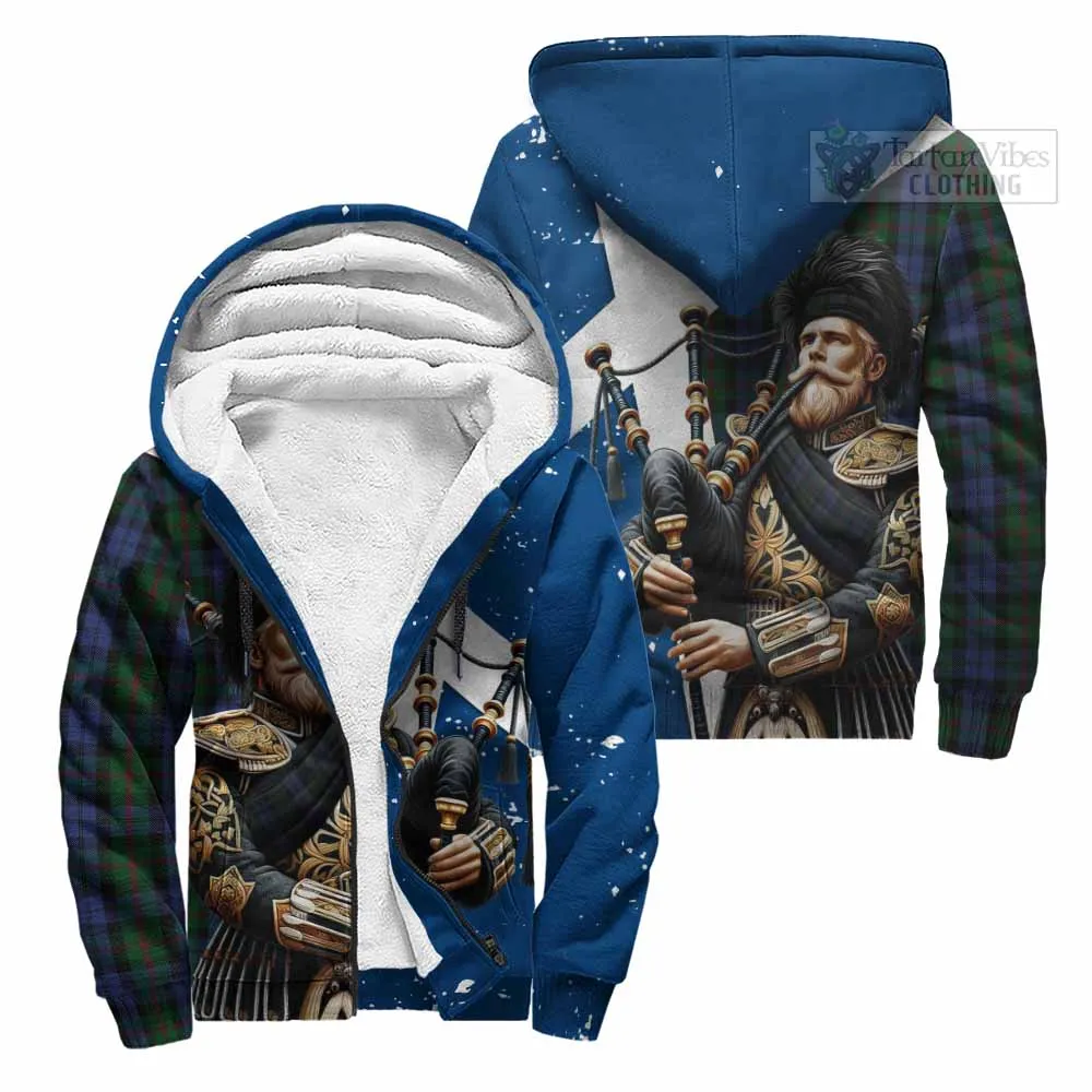 Baird Tartan Sherpa Hoodie with Family Crest Scottish Bagpiper Vibes