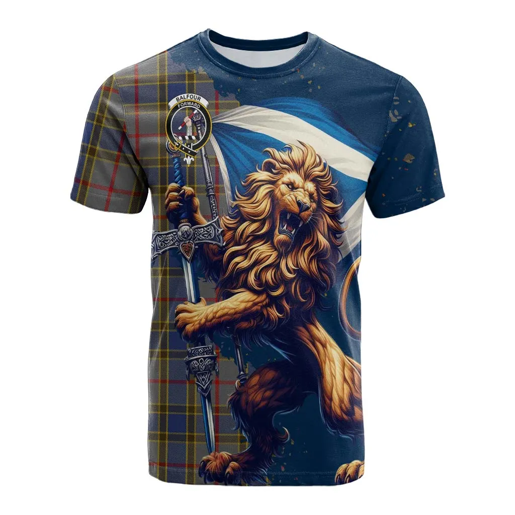 Balfour Tartan Family Crest Cotton T-shirt with Scottish Majestic Lion