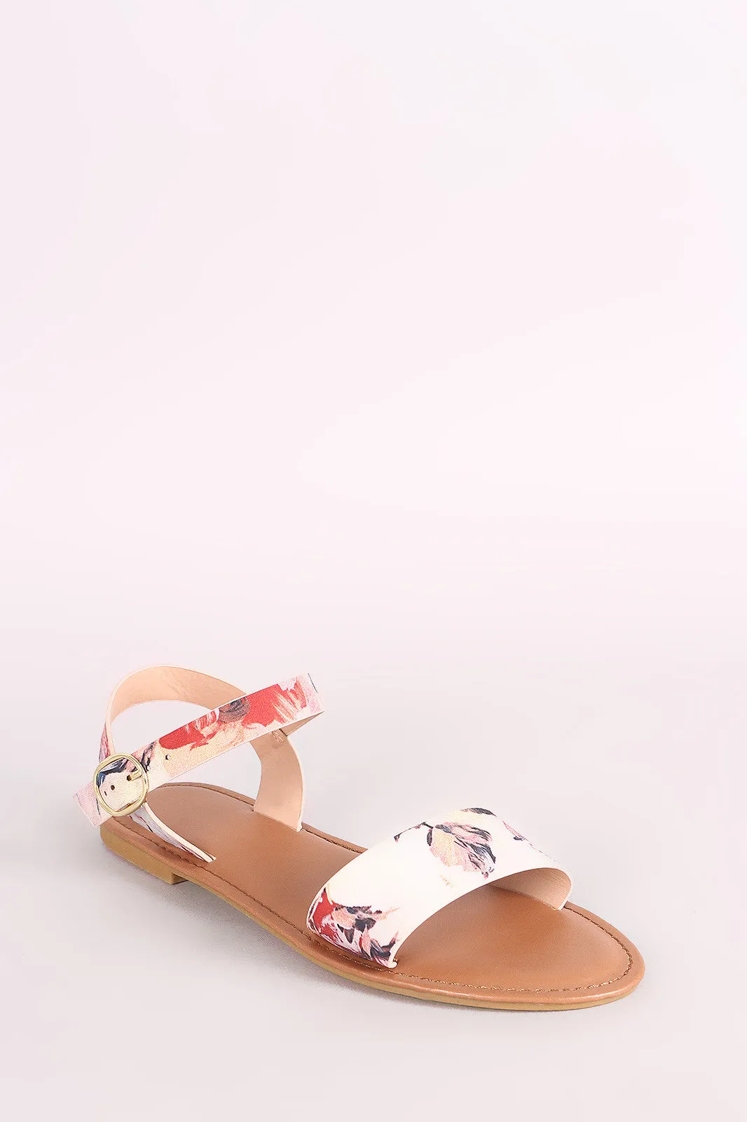 Bamboo Watercolor Print Ankle Strap Flat Sandal