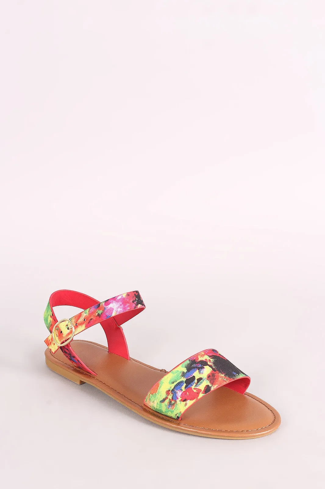 Bamboo Watercolor Print Ankle Strap Flat Sandal