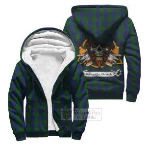 Barclay Tartan Sherpa Hoodie with Family Crest and Bearded Skull Holding Bottles of Whiskey