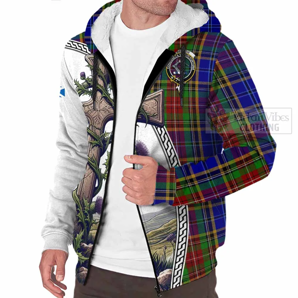 Beattie (Beatty) Tartan Sherpa Hoodie with Family Crest and St. Andrew's Cross Accented by Thistle Vines