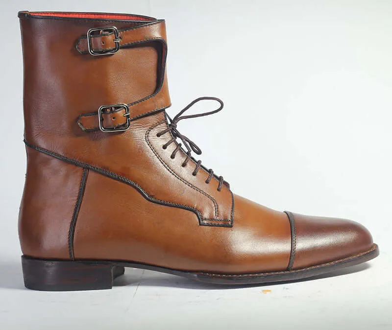 Bespoke Brown Leather Ankle High Monk Strap Lace Up Boots