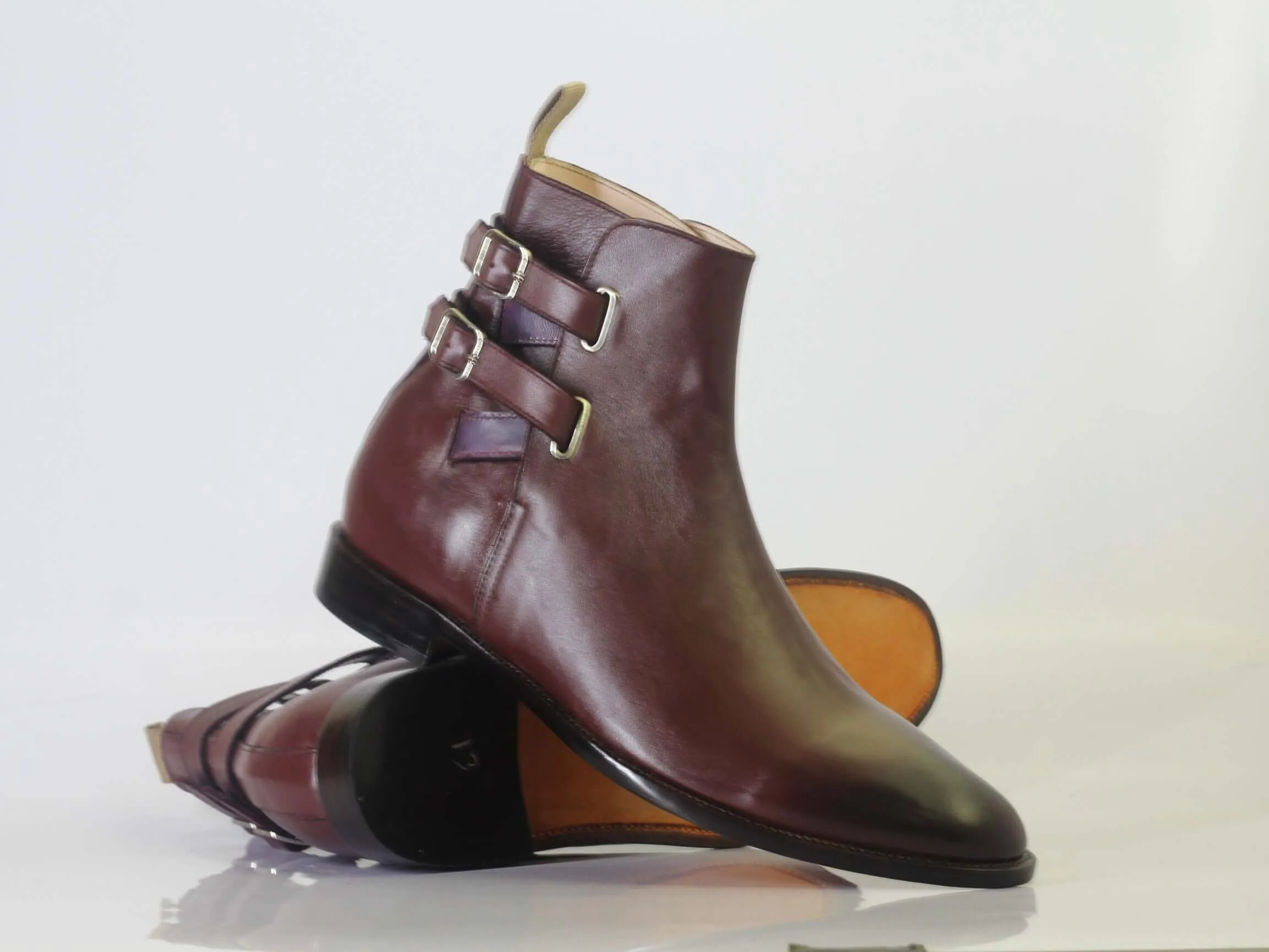 Bespoke Burgundy Leather Ankle High Double Buckle Up Boot