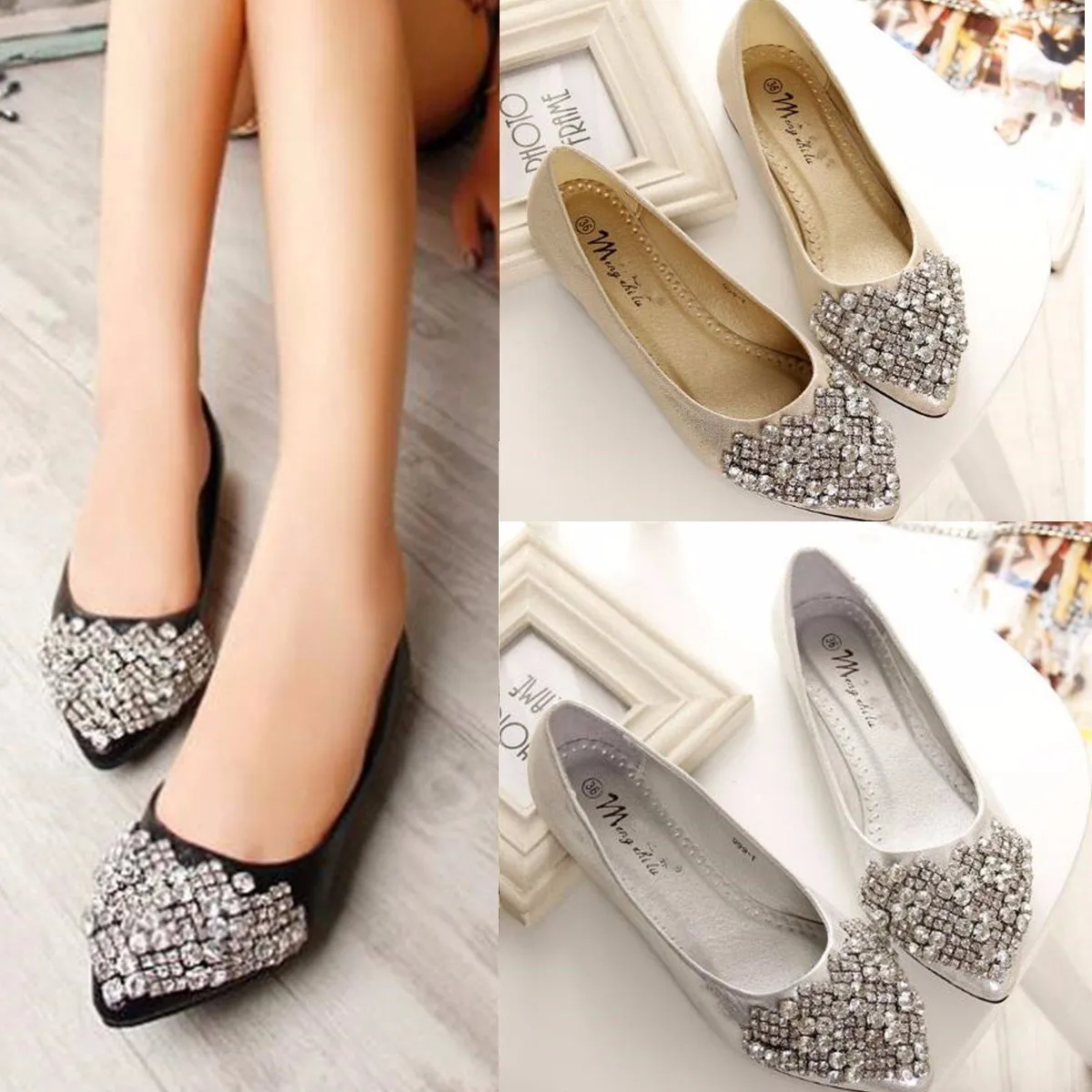 Big Size Rhinestone Crystal Pointed Toe Flat Office Lady Shoes