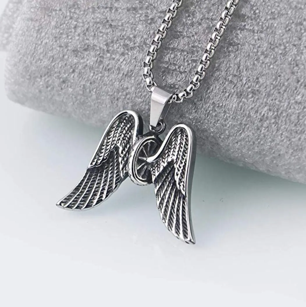 Biker Angel Wings Necklace Tire Chain Mechanic Gift Necklace 24in.