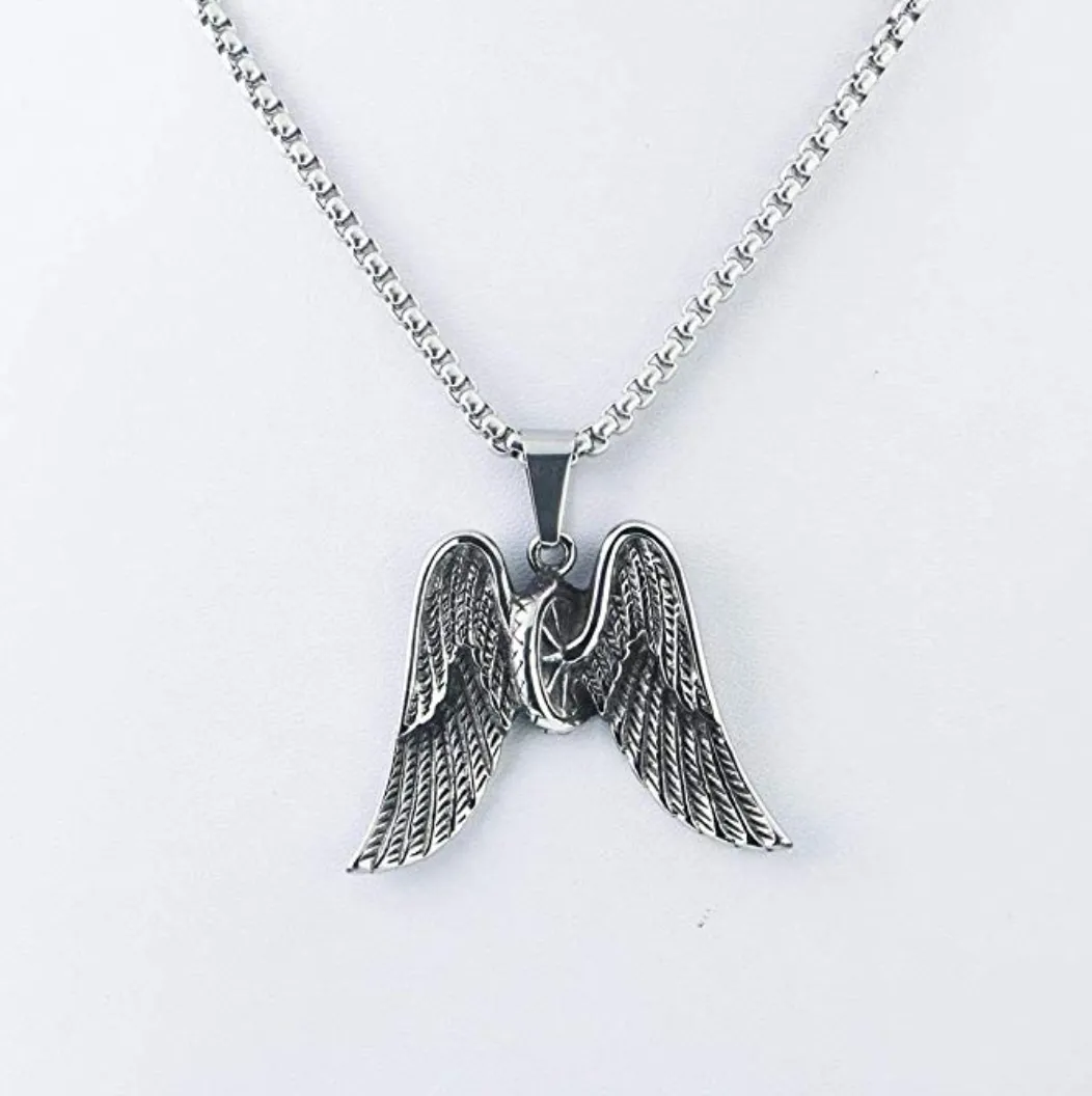 Biker Angel Wings Necklace Tire Chain Mechanic Gift Necklace 24in.