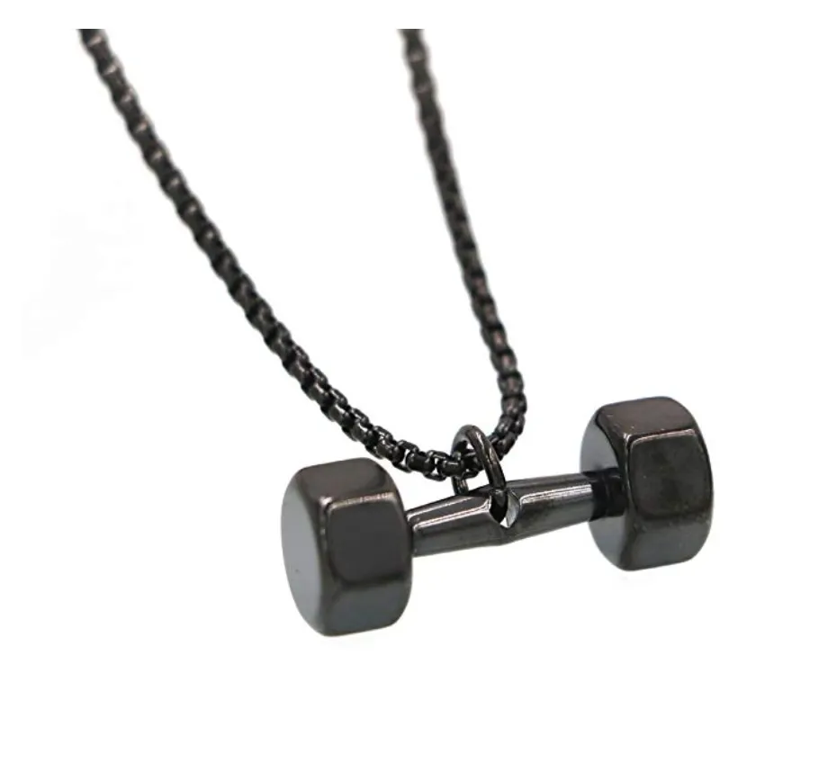 Black Dumbbell Bodybuilding Gym Necklace Exercise Workout Mr. Olympia Chain 24in.