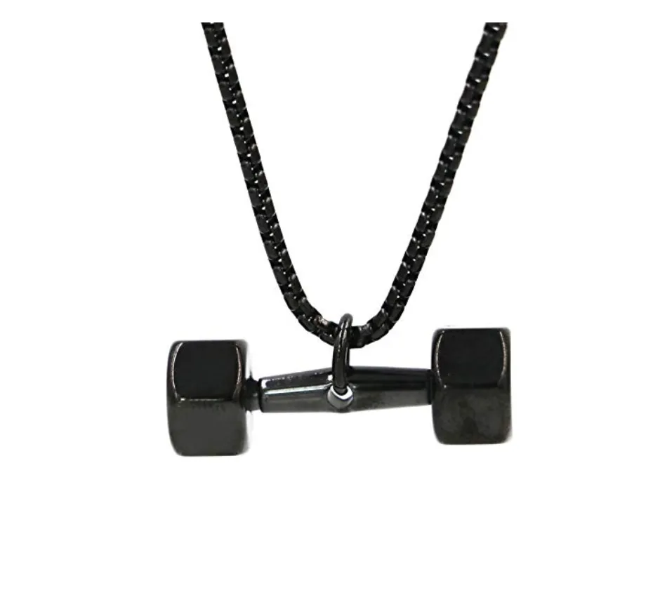 Black Dumbbell Bodybuilding Gym Necklace Exercise Workout Mr. Olympia Chain 24in.