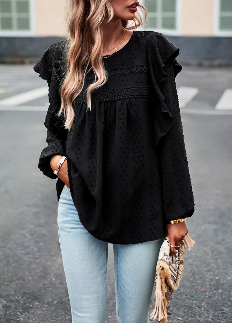 Black Long Sleeve Blouses Ruffle Dot Loose Fit Casual Tops