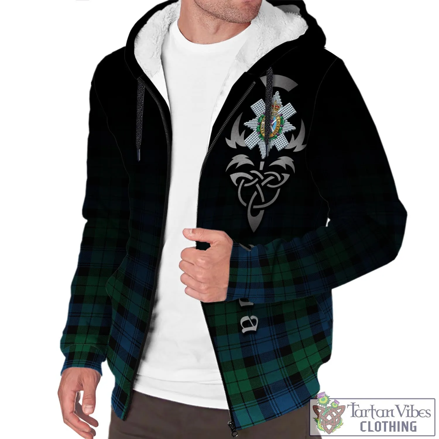 Black Watch Ancient Tartan Sherpa Hoodie Featuring Alba Gu Brath Family Crest Celtic Inspired