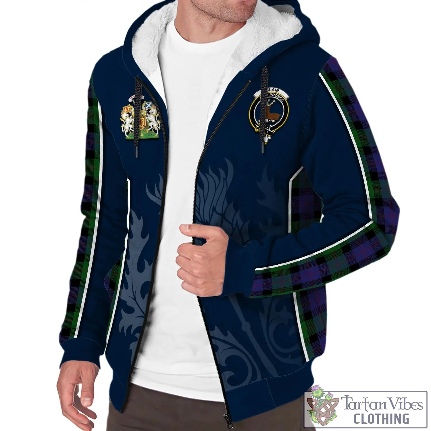 Blair Tartan Sherpa Hoodie with Family Crest and Scottish Thistle Vibes Sport Style