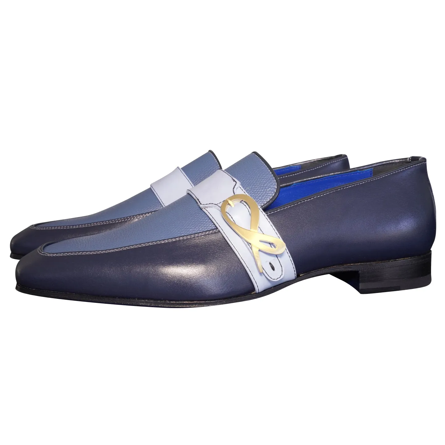 Blu Maya Leather Monk Strap loafer With Gold Buckle