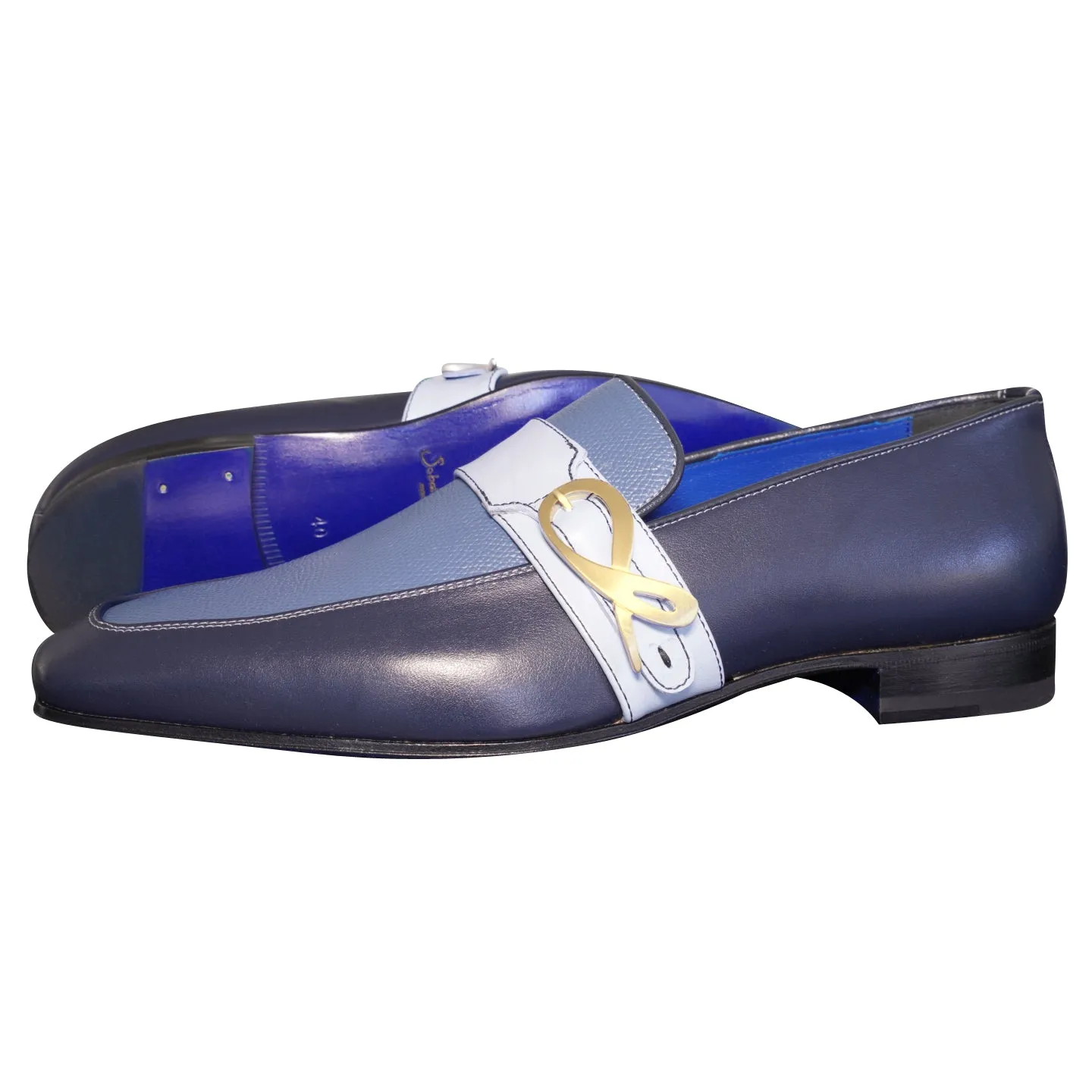 Blu Maya Leather Monk Strap loafer With Gold Buckle