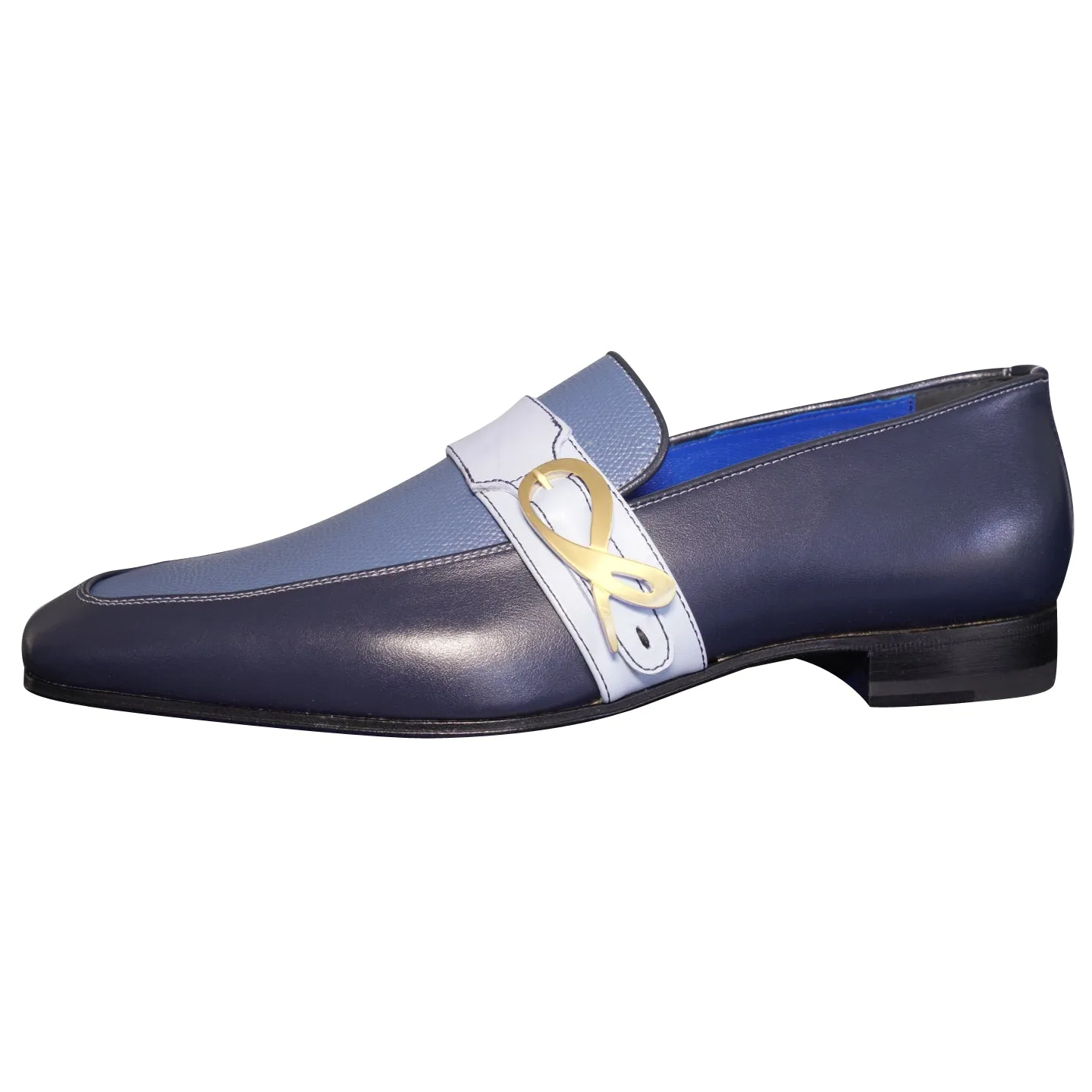 Blu Maya Leather Monk Strap loafer With Gold Buckle