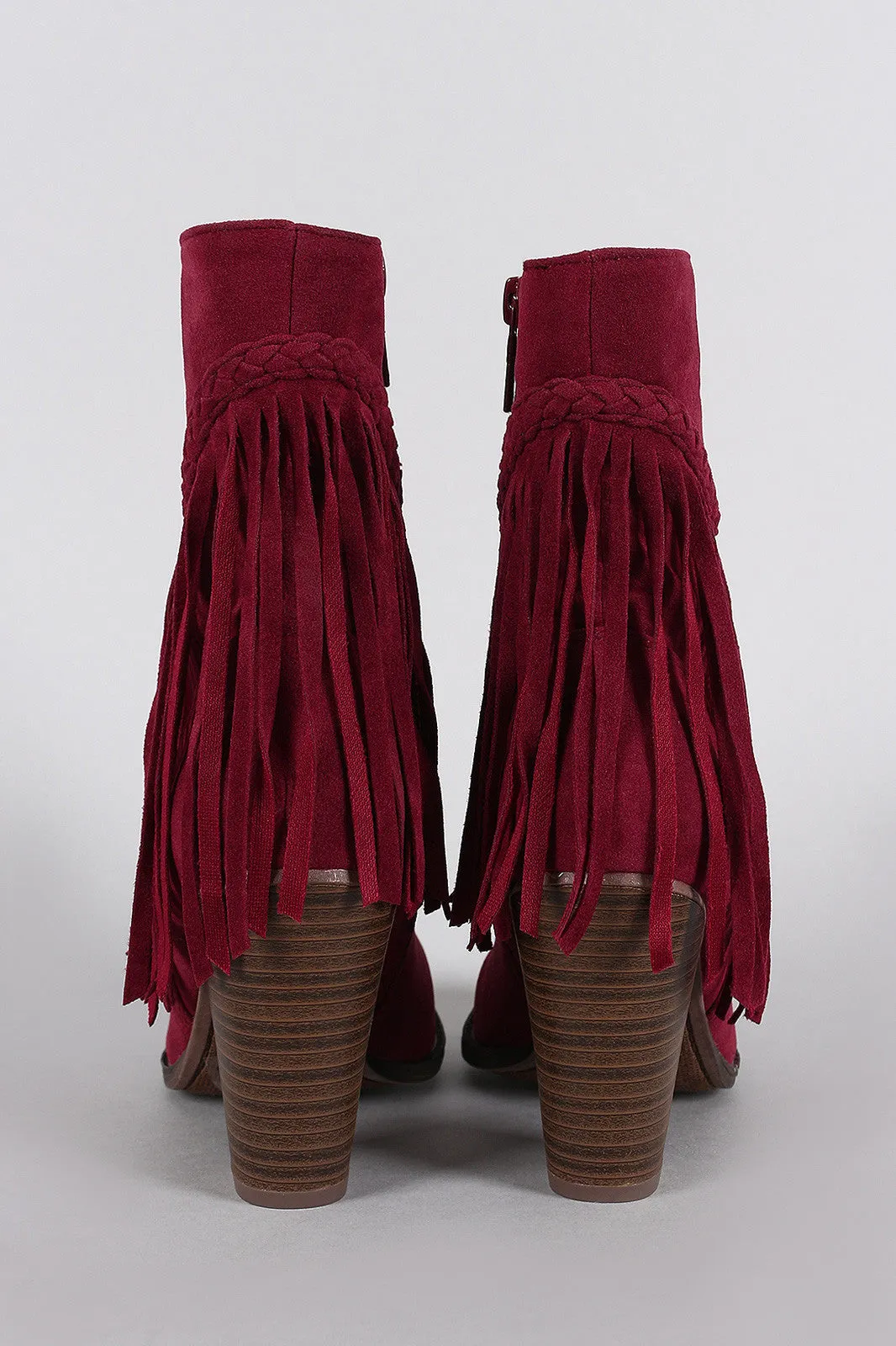 Breckelle Suede Braided Fringe Heeled Ankle Boots