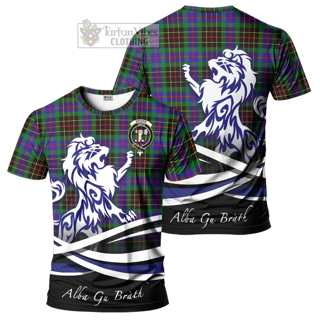 Brodie Hunting Modern Tartan Cotton T-shirt with Alba Gu Brath Regal Lion Emblem