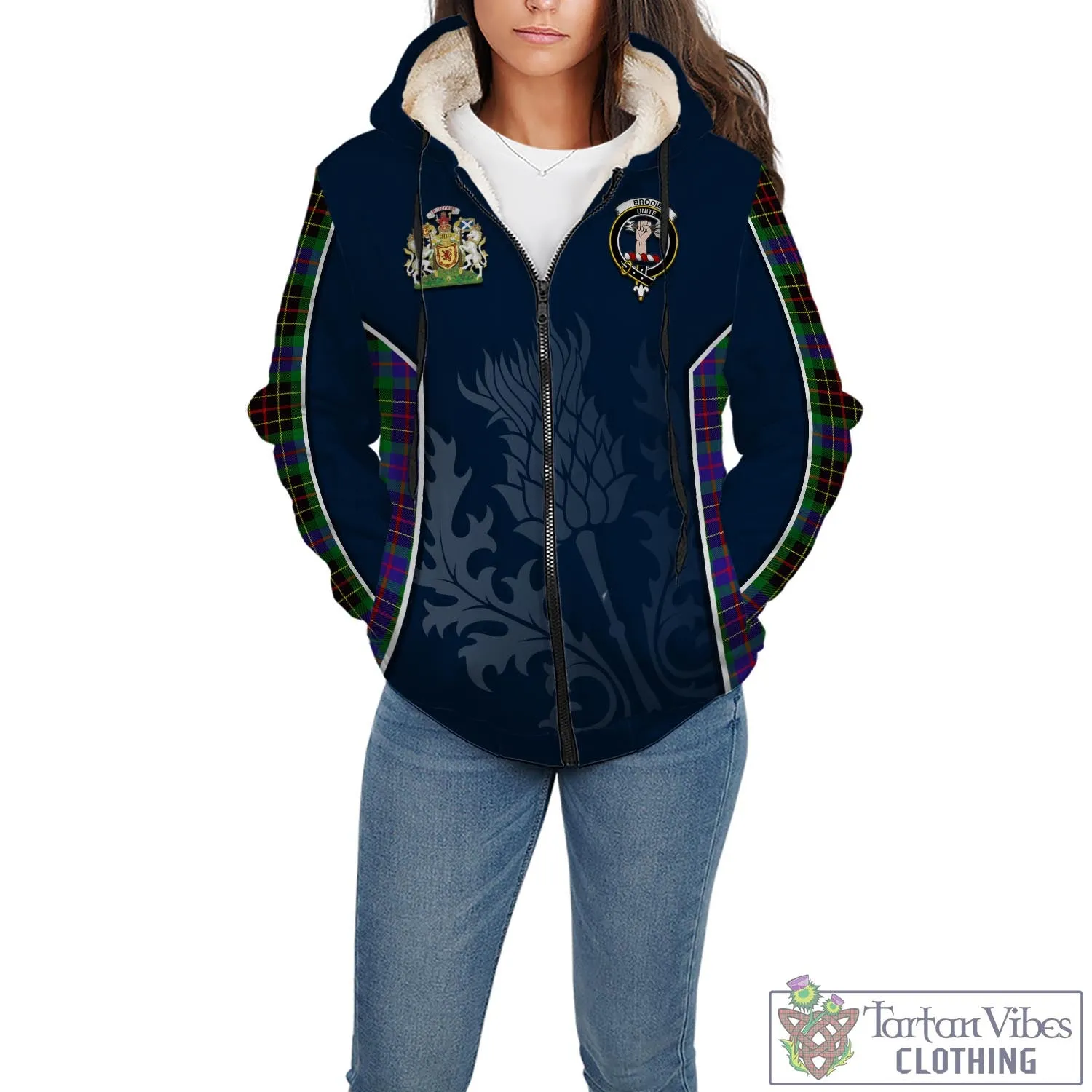 Brodie Hunting Modern Tartan Sherpa Hoodie with Family Crest and Scottish Thistle Vibes Sport Style