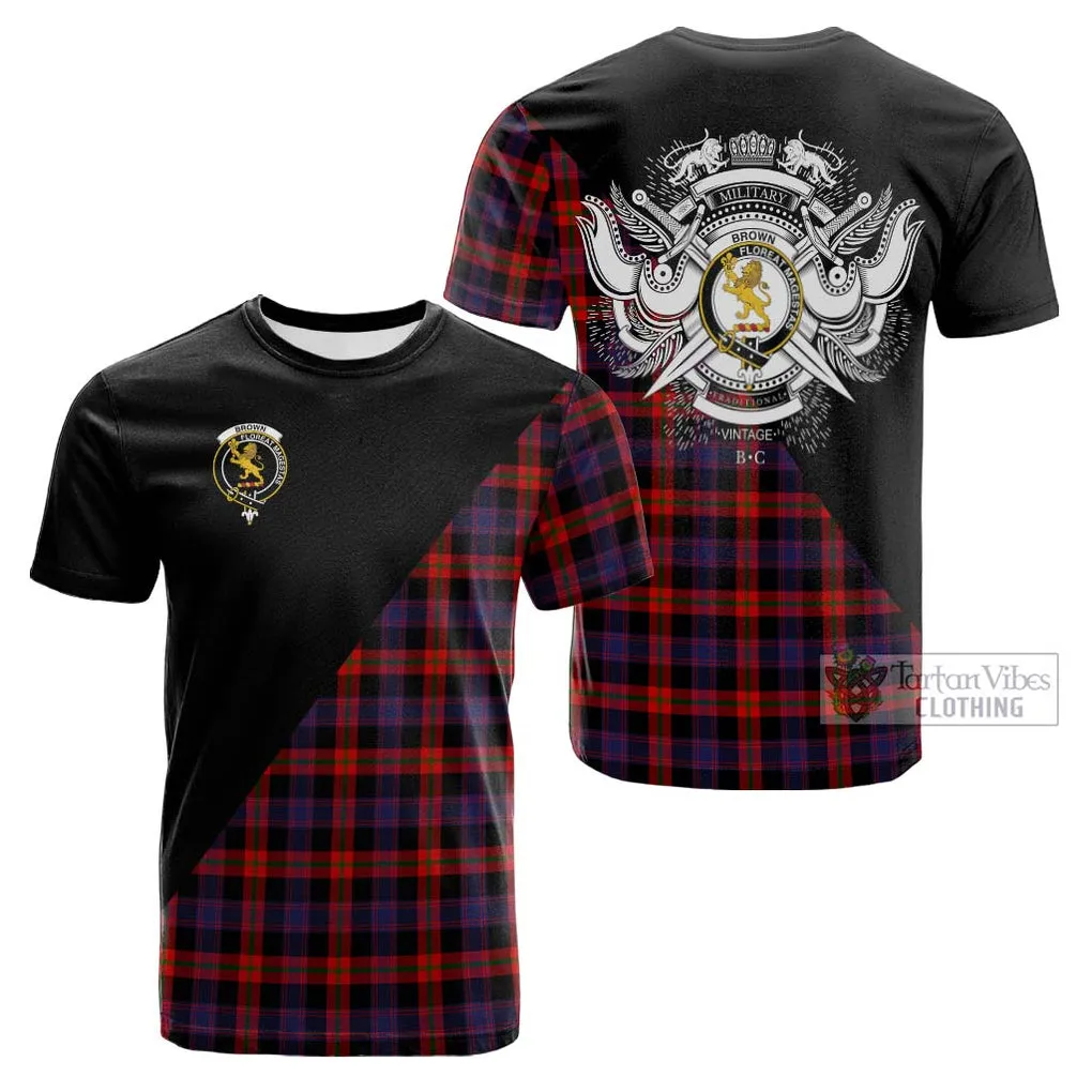 Brown (Broun) Tartan Cotton T-shirt with Family Crest and Military Logo Style