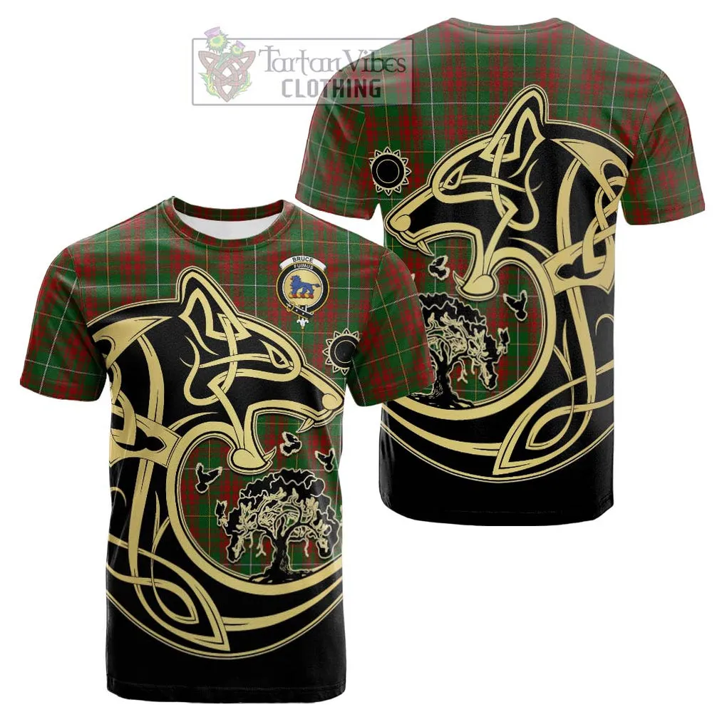 Bruce Hunting Tartan Cotton T-shirt with Family Crest Celtic Wolf Style