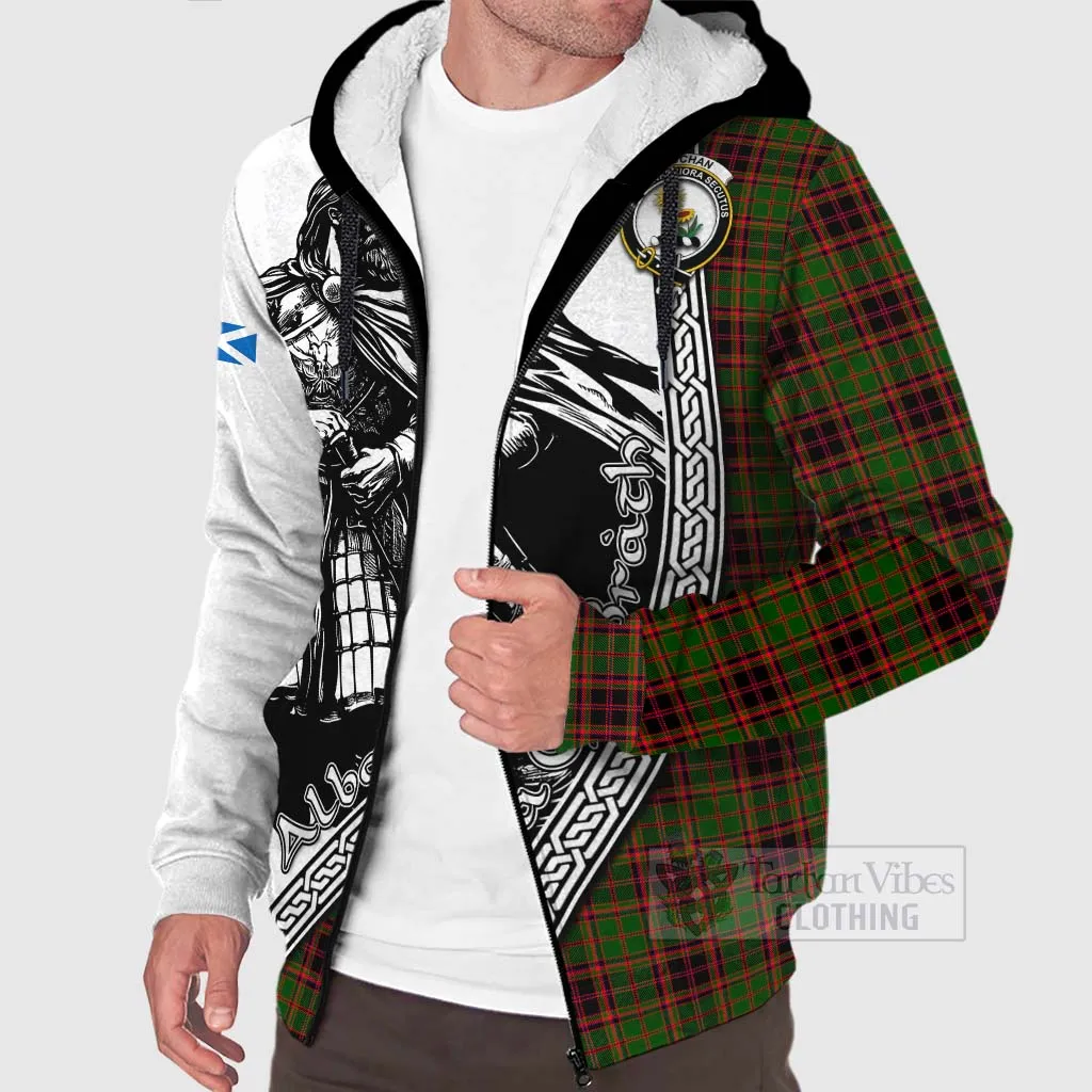 Buchan Tartan Clan Crest Sherpa Hoodie with Highlander Warrior Celtic Style