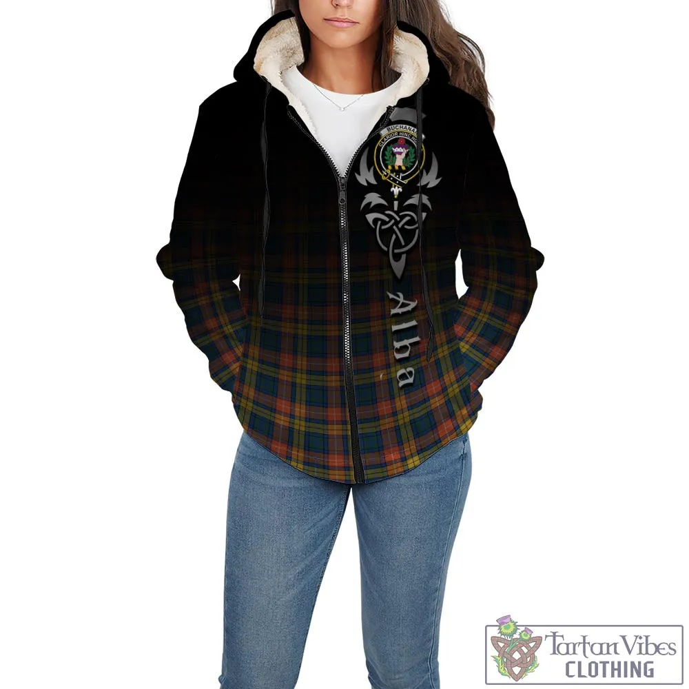 Buchanan Ancient Tartan Sherpa Hoodie Featuring Alba Gu Brath Family Crest Celtic Inspired