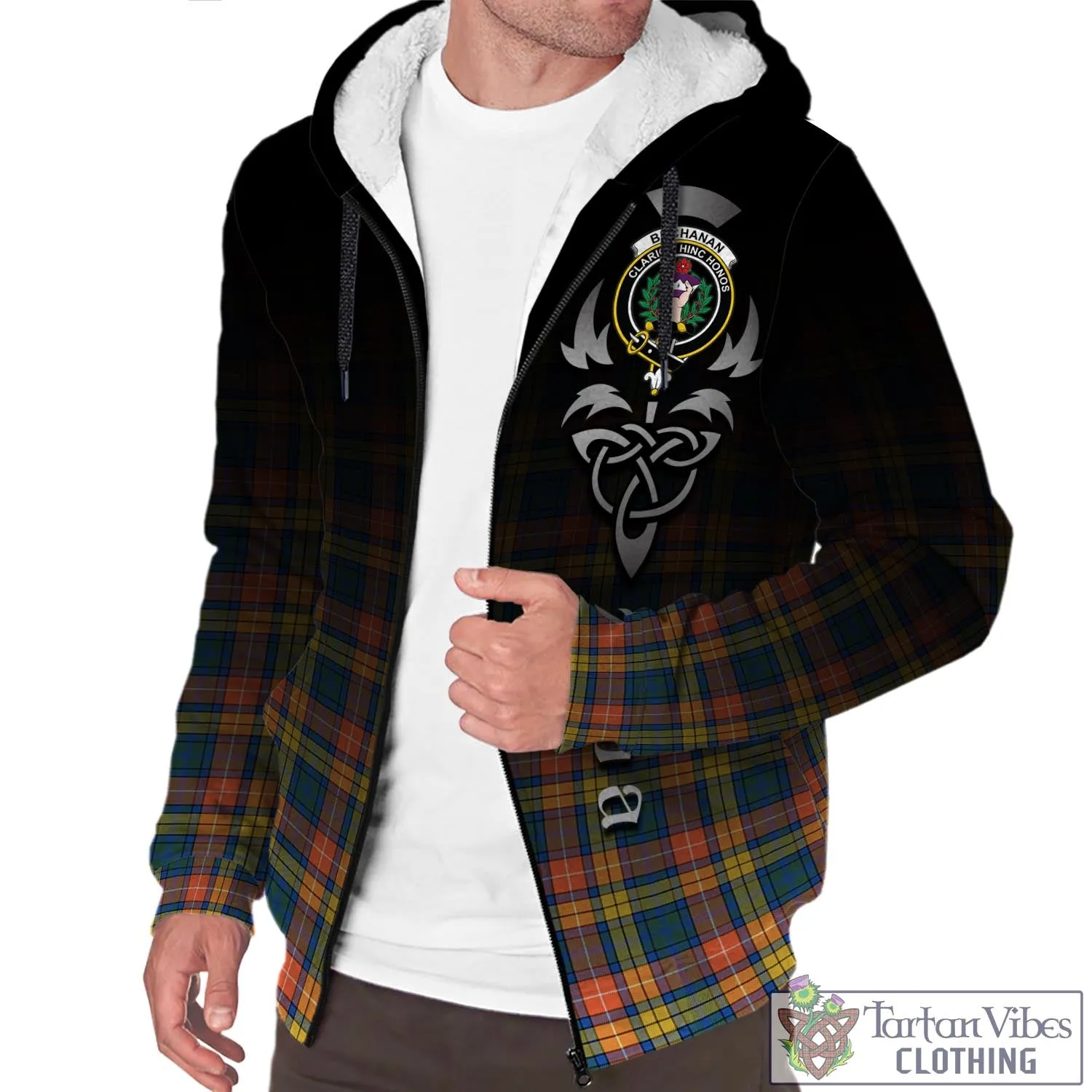 Buchanan Ancient Tartan Sherpa Hoodie Featuring Alba Gu Brath Family Crest Celtic Inspired