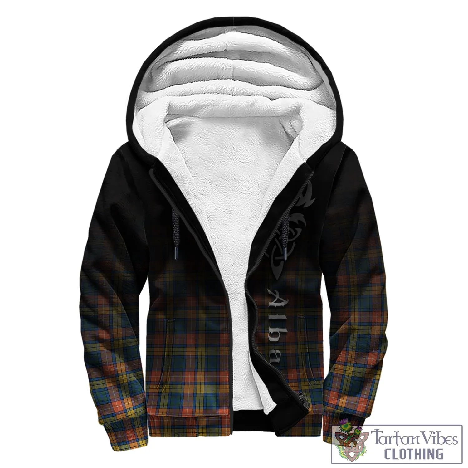 Buchanan Ancient Tartan Sherpa Hoodie Featuring Alba Gu Brath Family Crest Celtic Inspired